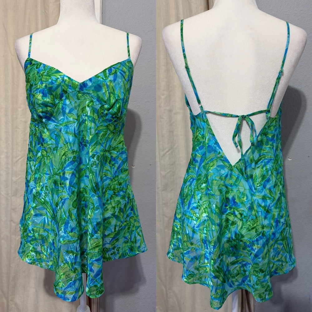 Vintage 80s Lingerie Gaviota Babydoll Chemise L Green Blue Tropical Leaf Exotic